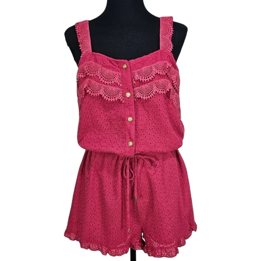 NWT Sperry Cotton Button Down Eyelet & Lace Drawstring Waist Romper Pink Red L